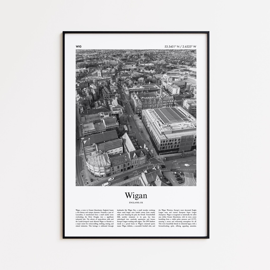 Wigan England Black And White Aerial City Photo Travel Poster