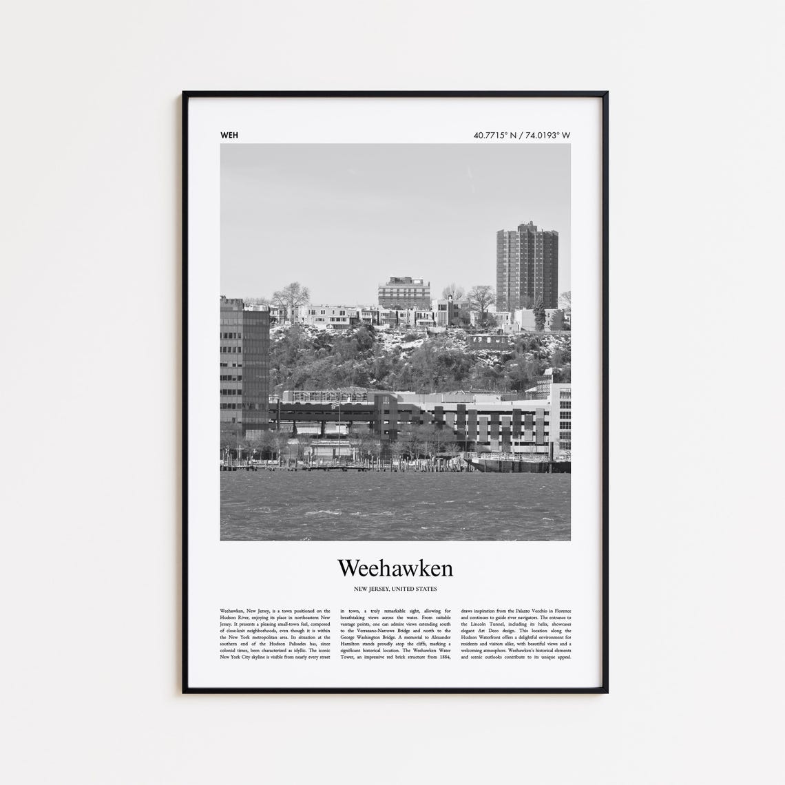 Weehawken New Jersey Black and White Waterfront Skyline Photo Poster