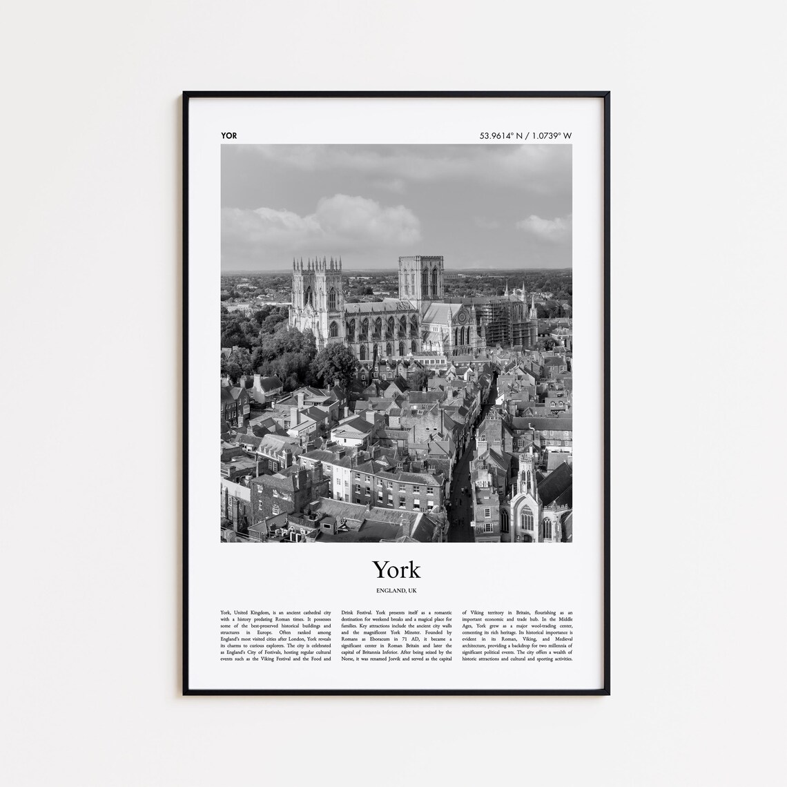 York England York Minster Black White Aerial Photo Travel Poster