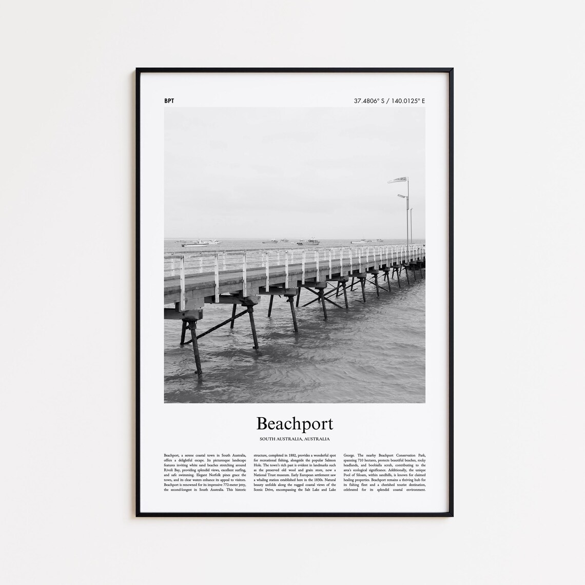 Beachport Historic Long Jetty Black and White Coastal Travel Poster