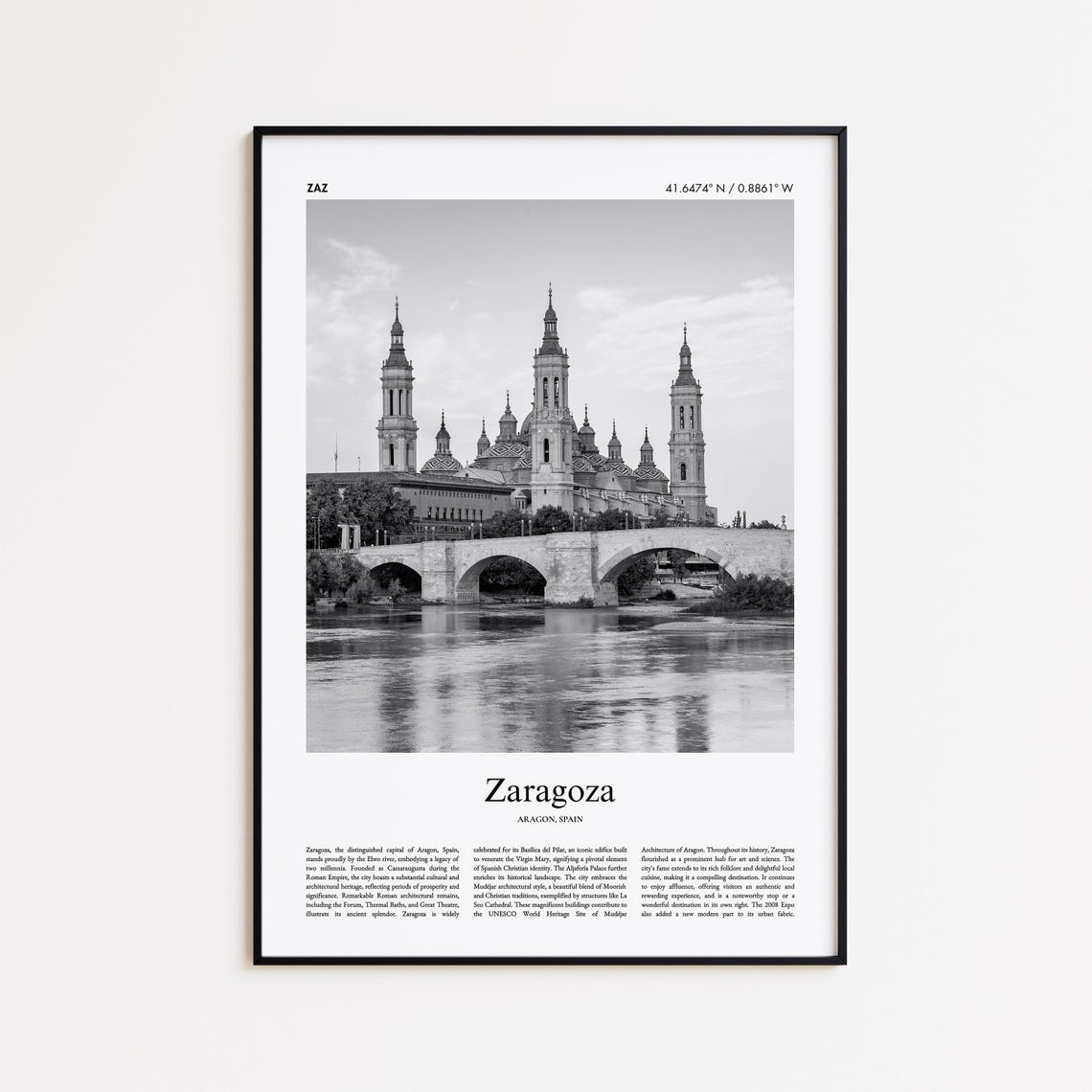 Zaragoza Spain Black and White Photo Travel Poster with Basilica View