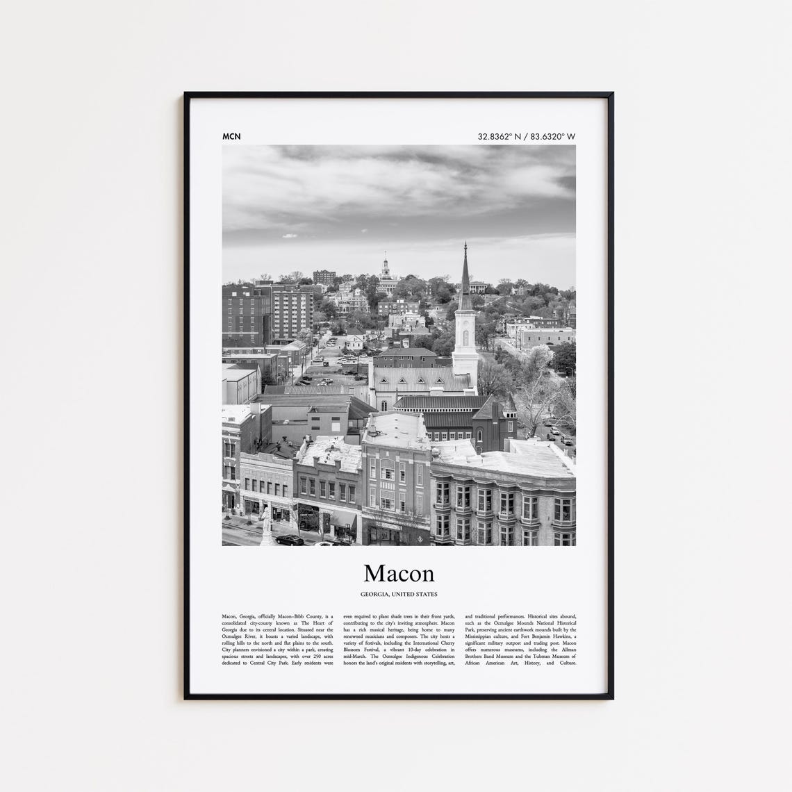 Macon Georgia Black and White Historic Downtown Travel Poster