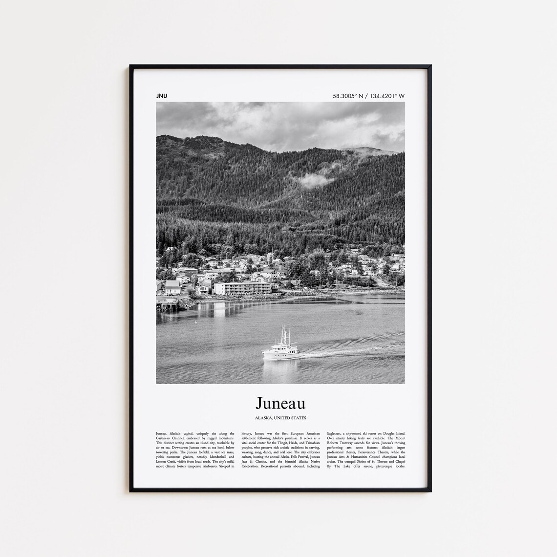 Juneau Alaska Black And White Photography City Travel Poster