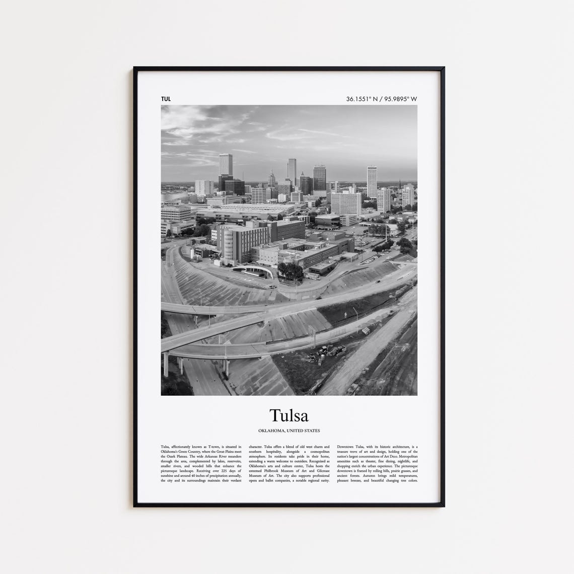 Tulsa Downtown Aerial Black And White Skyline Photography Poster