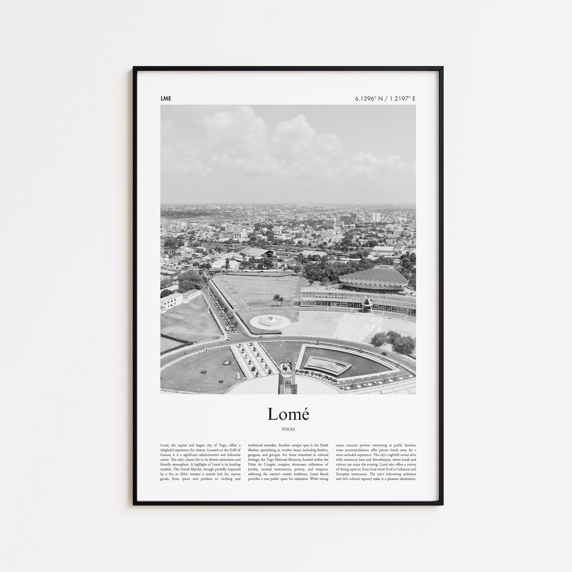 Lome Togo Aerial Cityscape Black And White Travel Photography Poster