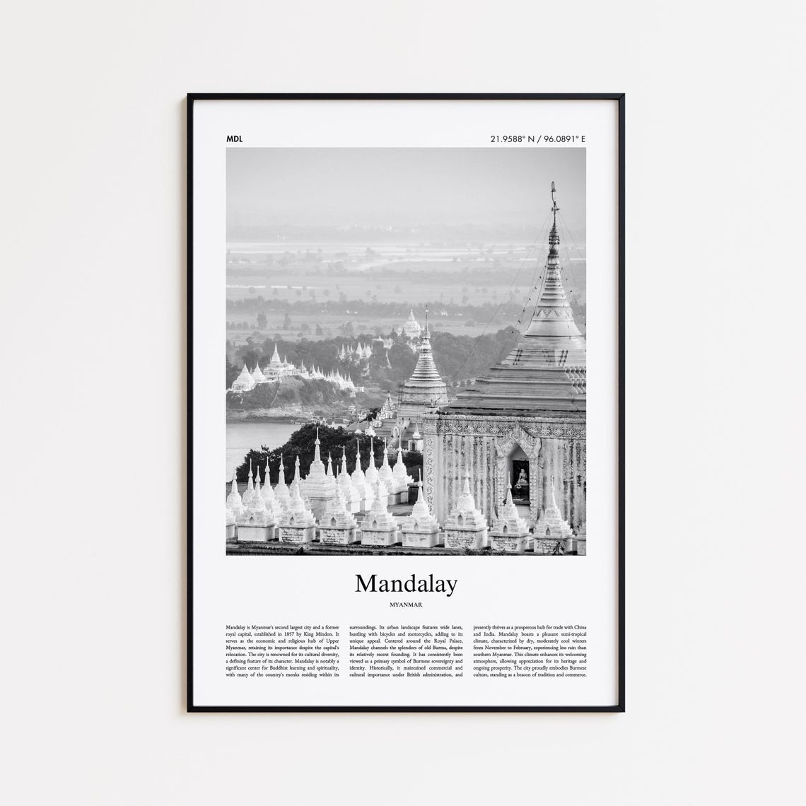 Mandalay Myanmar Buddhist Temples Black And White Travel Poster