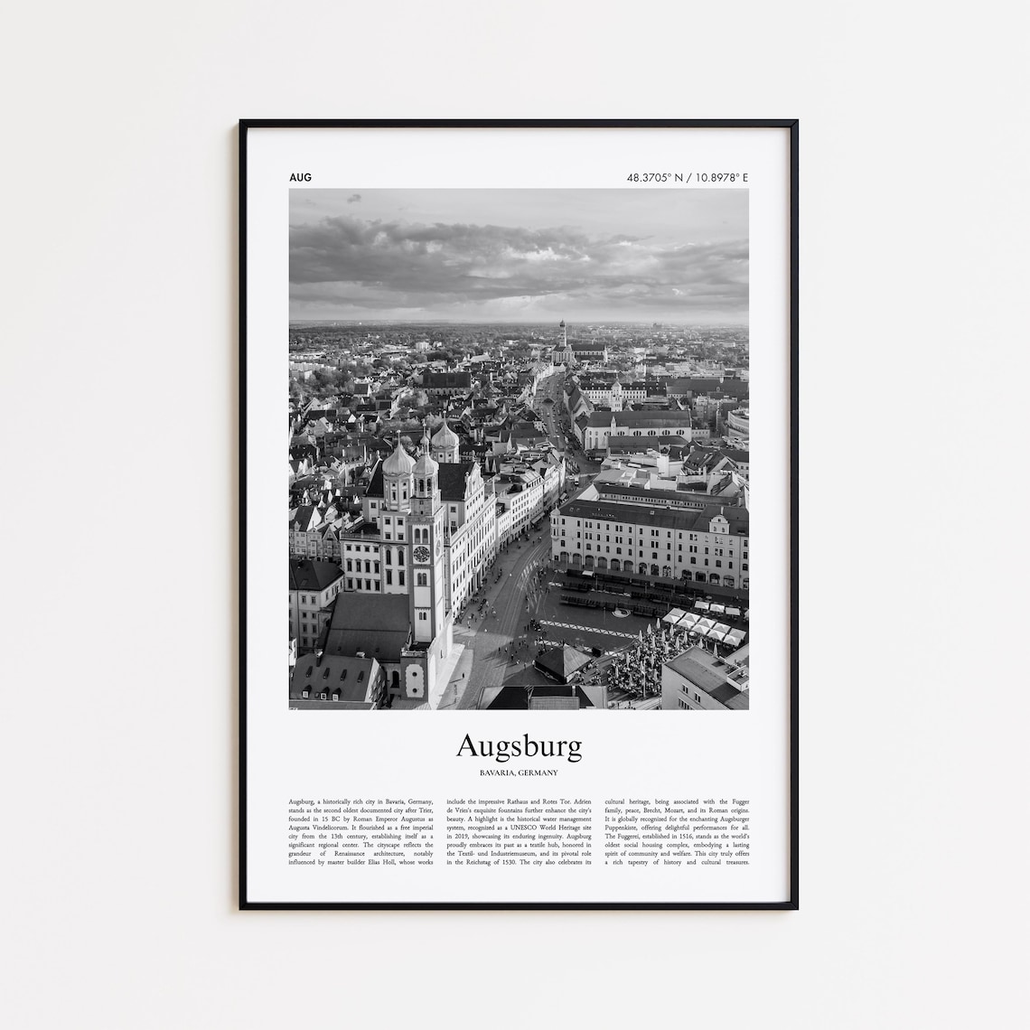 Augsburg Bavaria Black and White Aerial City Photography Travel Poster