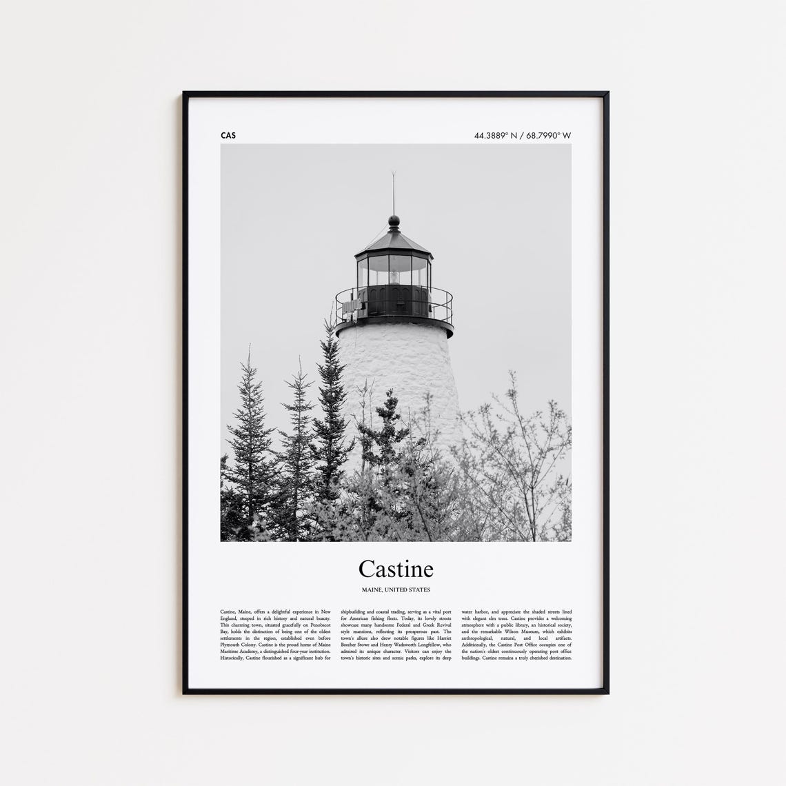 Castine Maine Lighthouse Black And White Photo Poster Coordinates Art