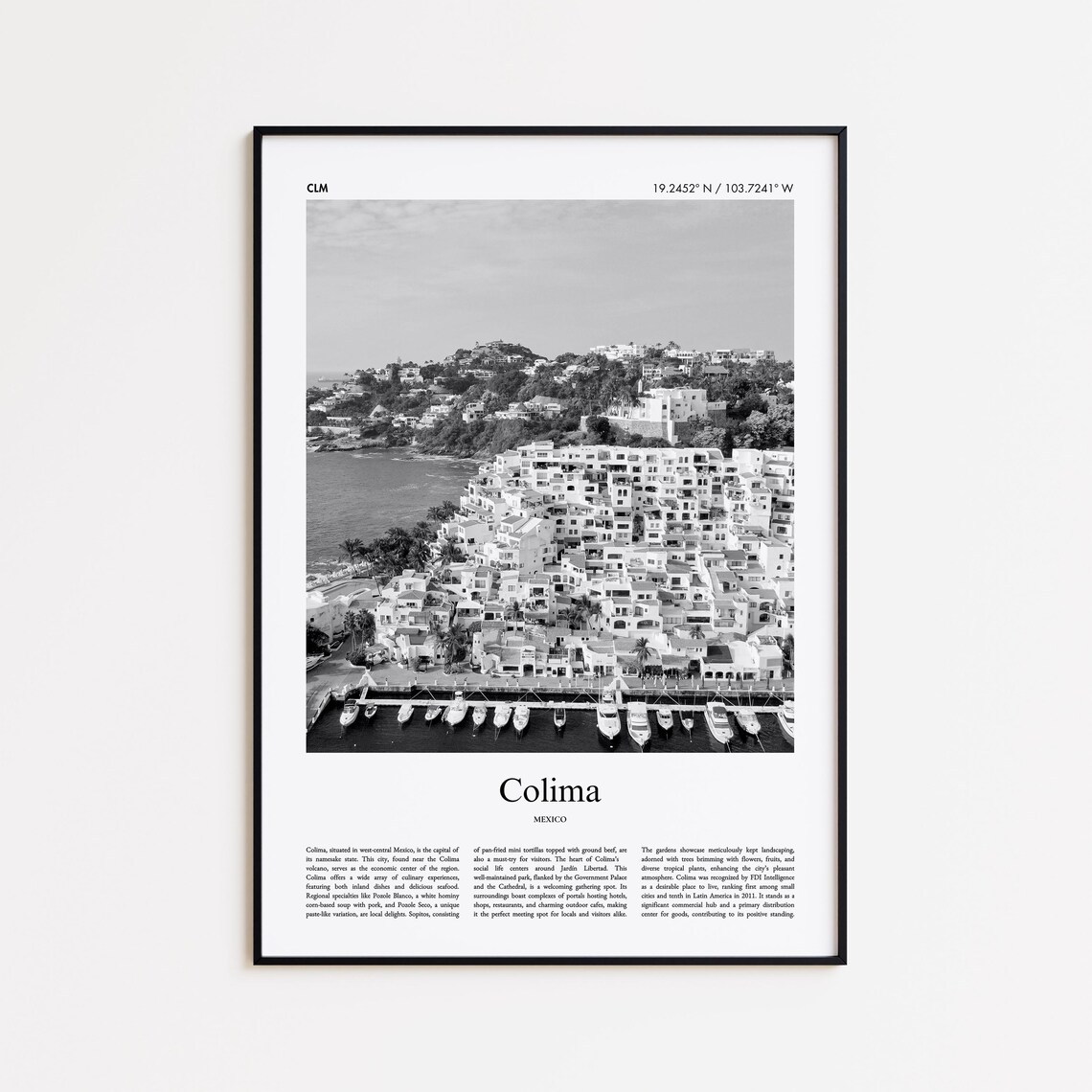 Colima Black and White Photo Poster with Coastal Town View of Mexico
