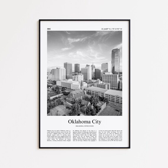 Oklahoma City Downtown Skyline Black And White Photography Travel Poster