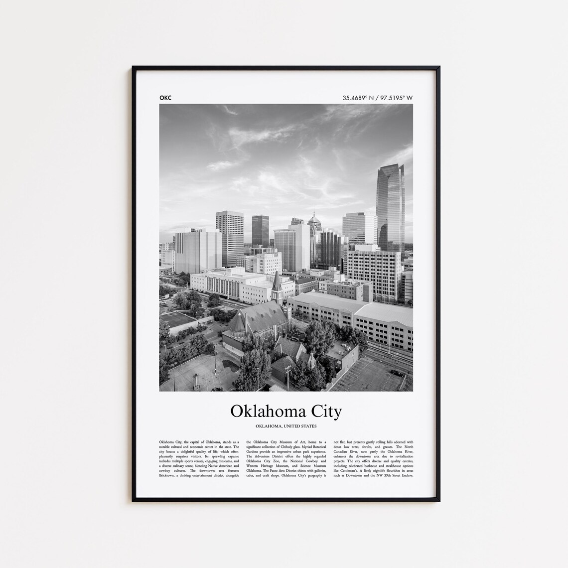 Oklahoma City Downtown Skyline Black And White Photography Travel Poster