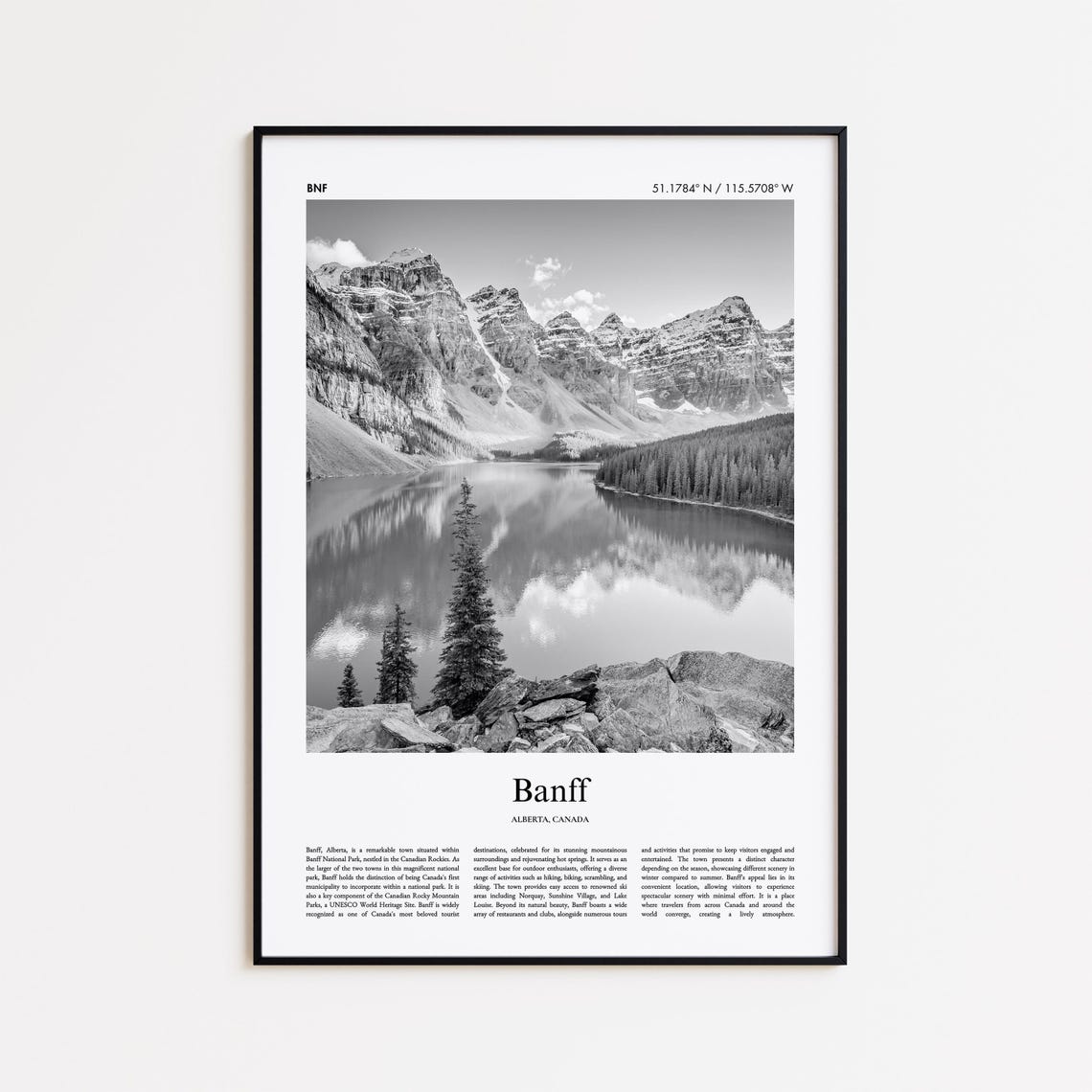 Banff Alberta Canada Black And White Mountain Lake Travel Poster