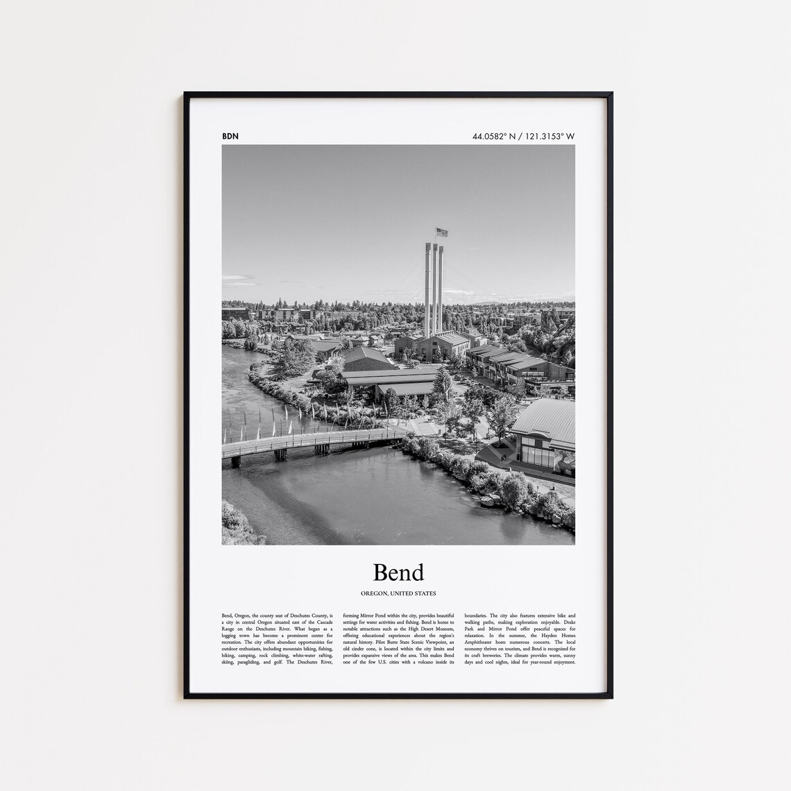 Bend Oregon Black And White Deschutes River Aerial City Photo Poster