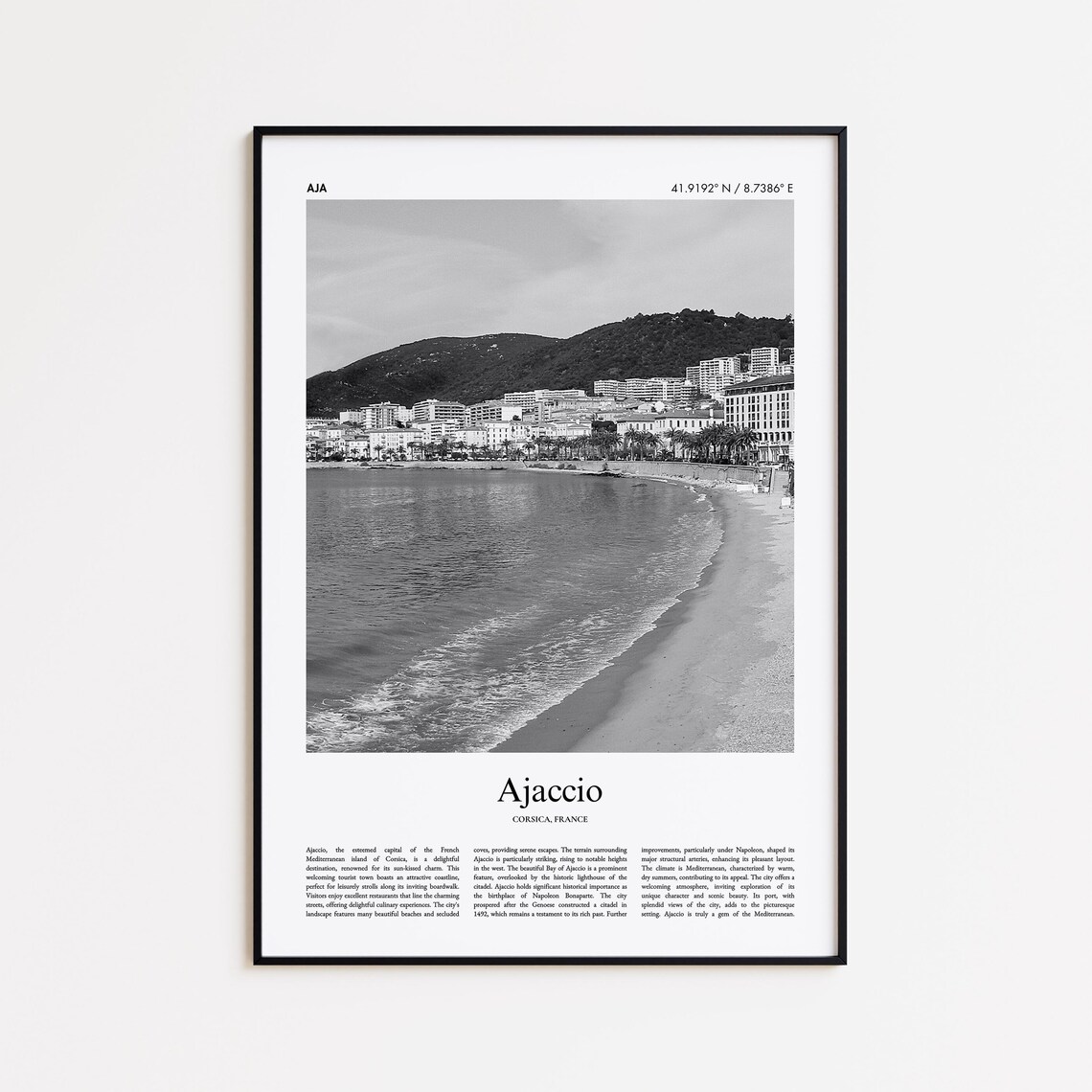 Ajaccio Corsica France Black and White Beach Photography Poster