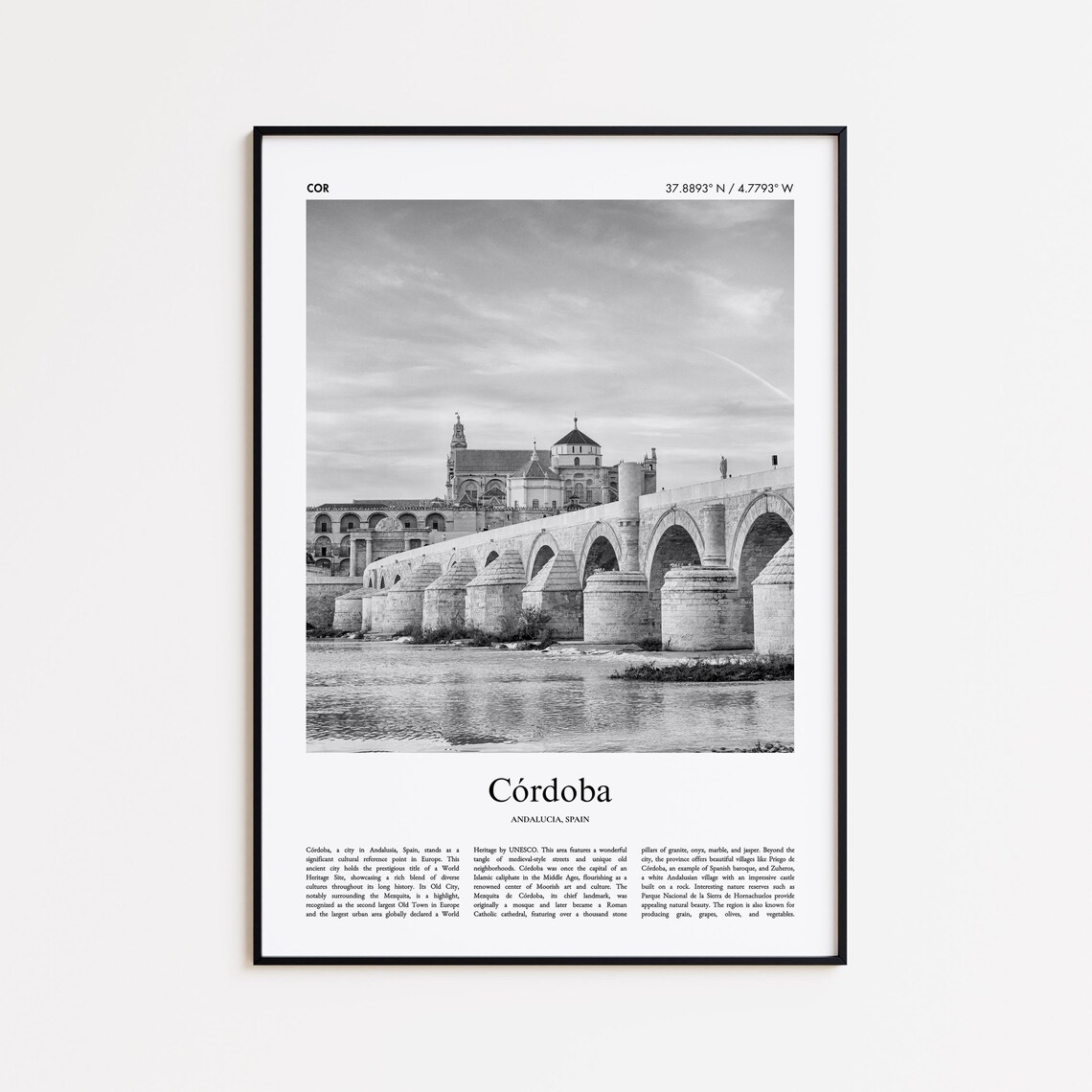 Cordoba Roman Bridge Mezquita Black and White Spain Travel Poster