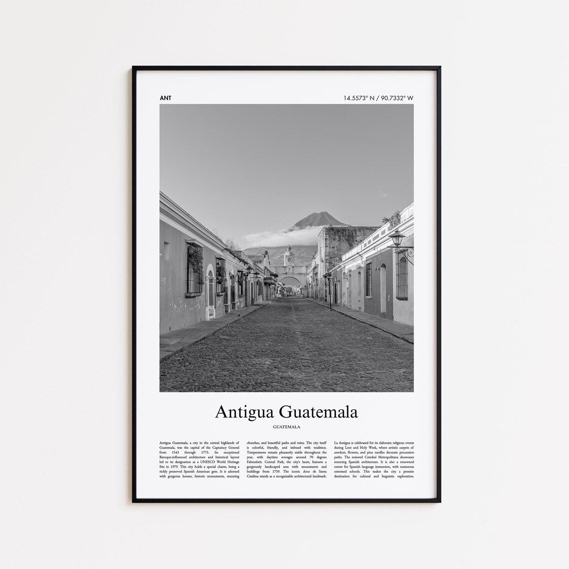 Antigua Guatemala Colonial Street Volcano Black And White Photo Poster