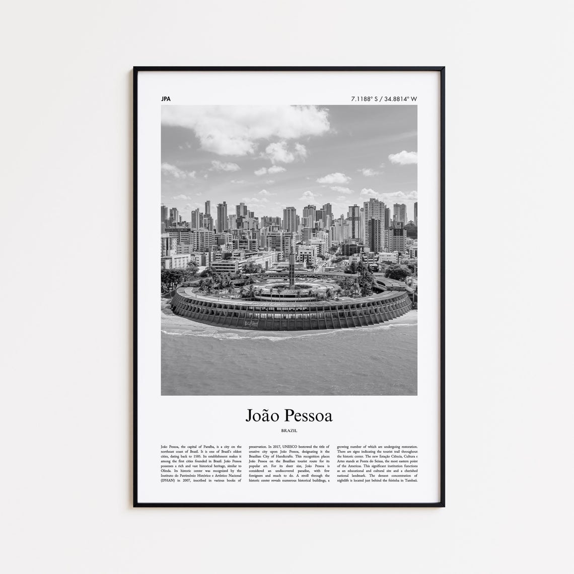 João Pessoa Brazil Black and White Waterfront Cityscape Travel Poster