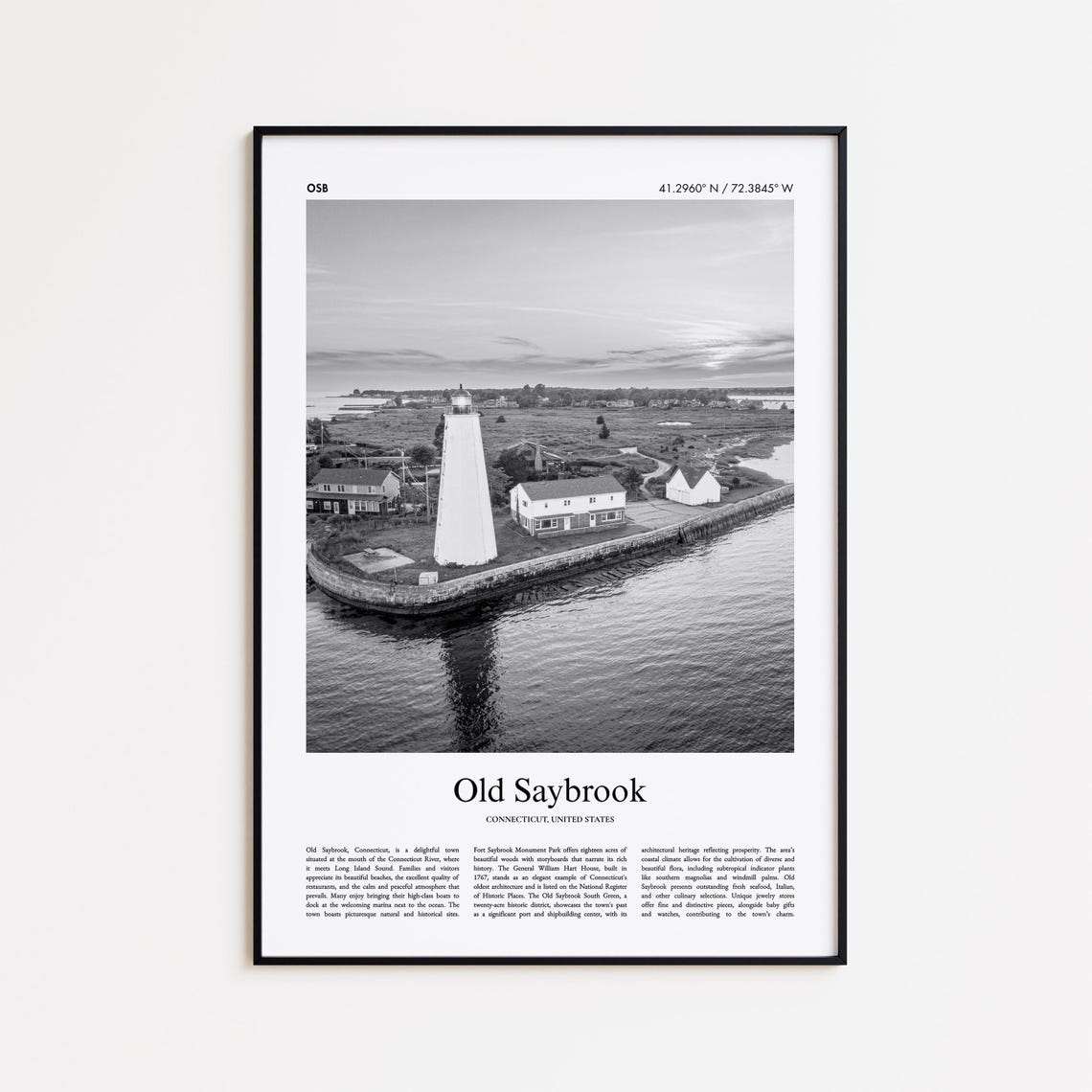 Old Saybrook Black and White Lighthouse Harbor Scenic Photo Poster
