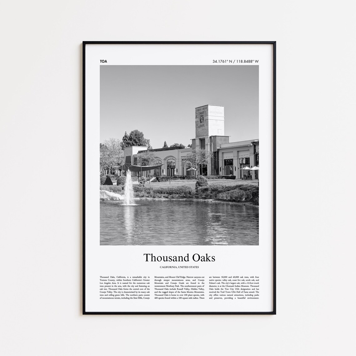 Thousand Oaks California Black and White Travel Poster Fountain Photo
