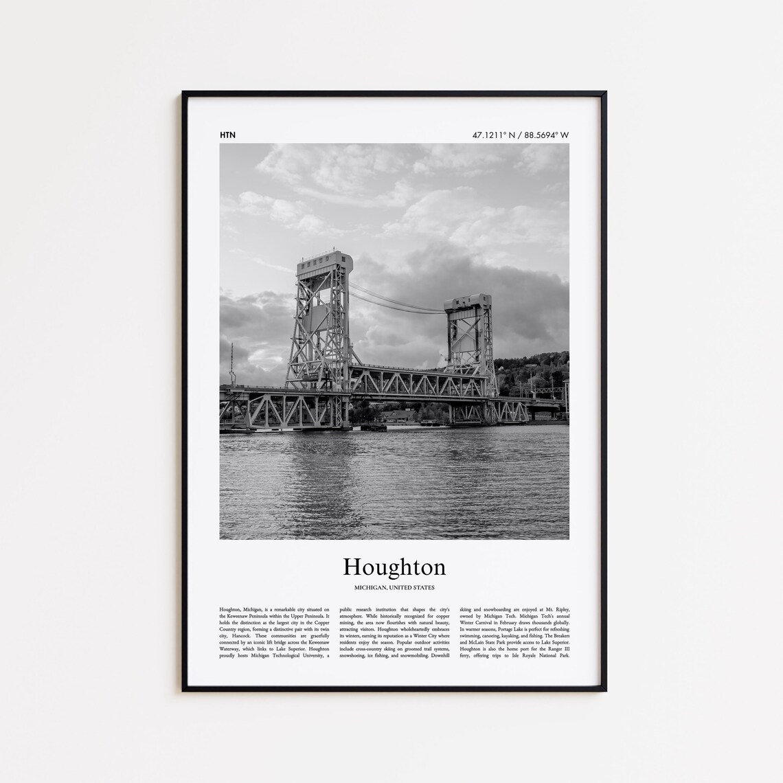 Houghton Michigan Lift Bridge Black And White Photo Travel Poster