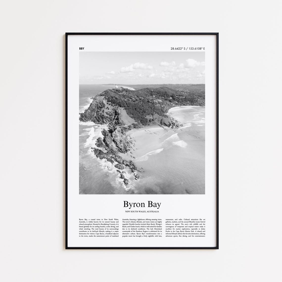 Byron Bay New South Wales Black And White Aerial Beach Art Poster