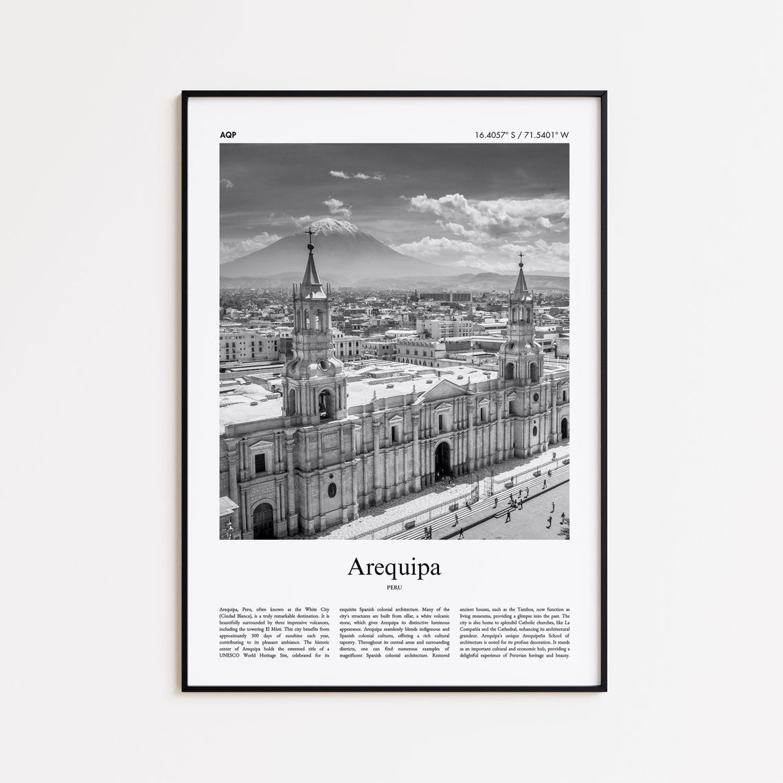 Arequipa Peru Black and White Cathedral Volcano Photo Poster