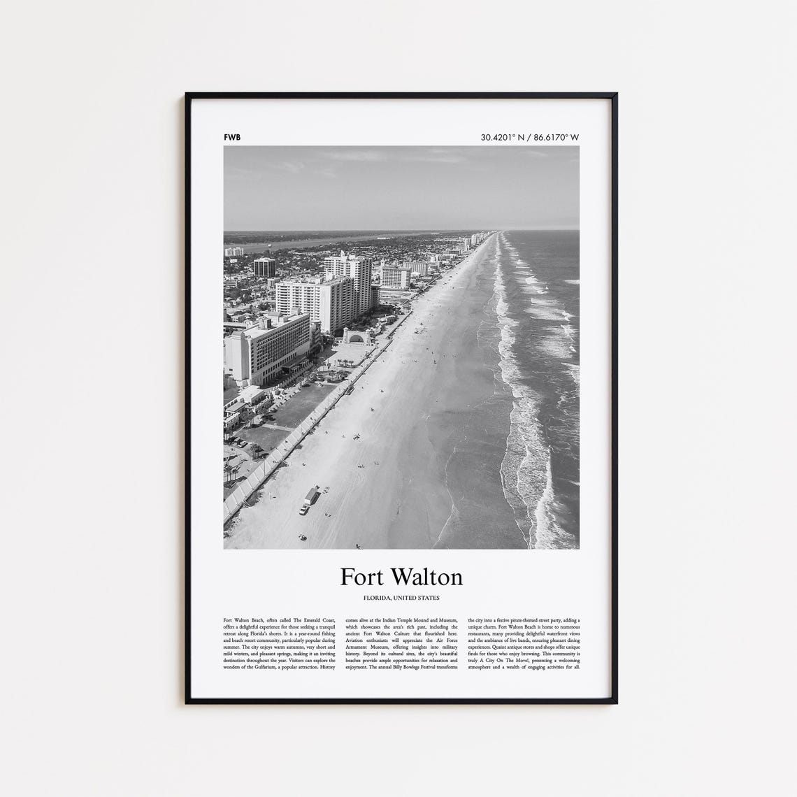 Fort Walton Florida Black And White Beach Aerial Photo Poster