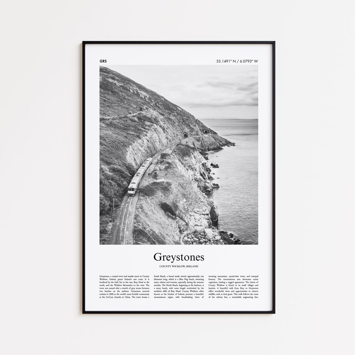 Greystones Ireland Black and White Coastal Railway Cliff Poster