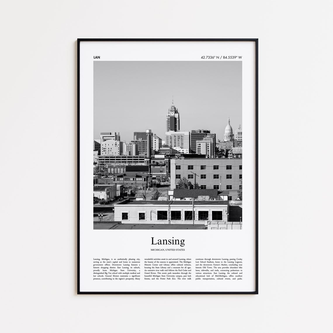 Lansing Michigan Capitol Skyline Black And White Travel Poster