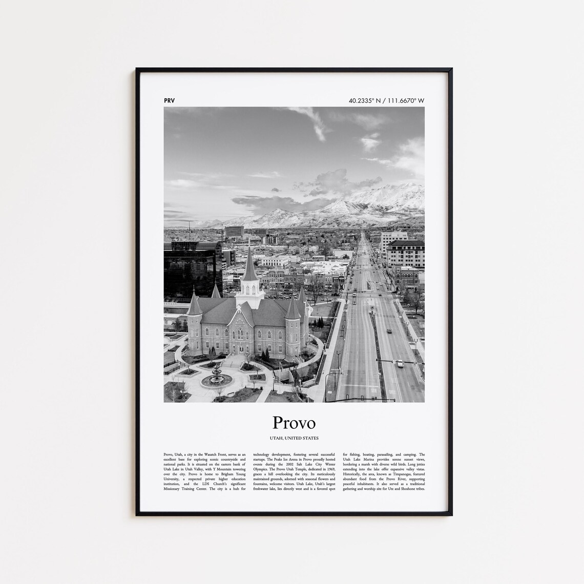 Provo Utah Temple Aerial Black And White Photo Travel Poster