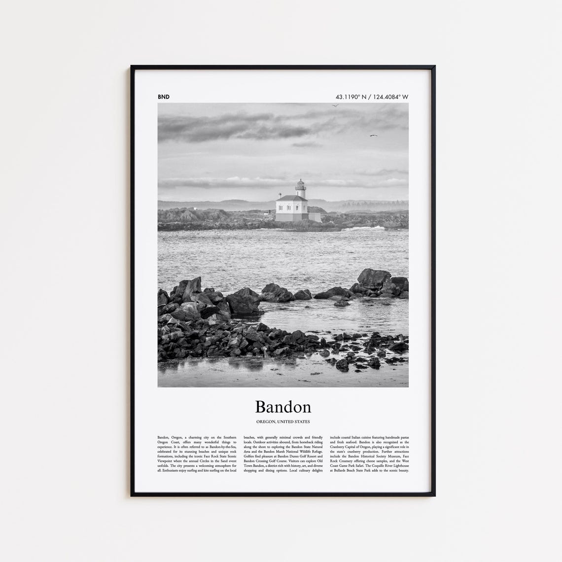 Bandon Oregon Black and White Lighthouse Coastline Photo Poster