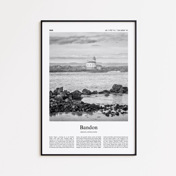 Bandon Oregon Black and White Lighthouse Coastline Photo Poster