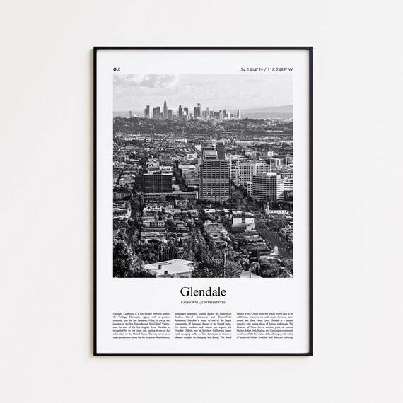 Glendale California Black and White Travel Poster City Skyline Photo