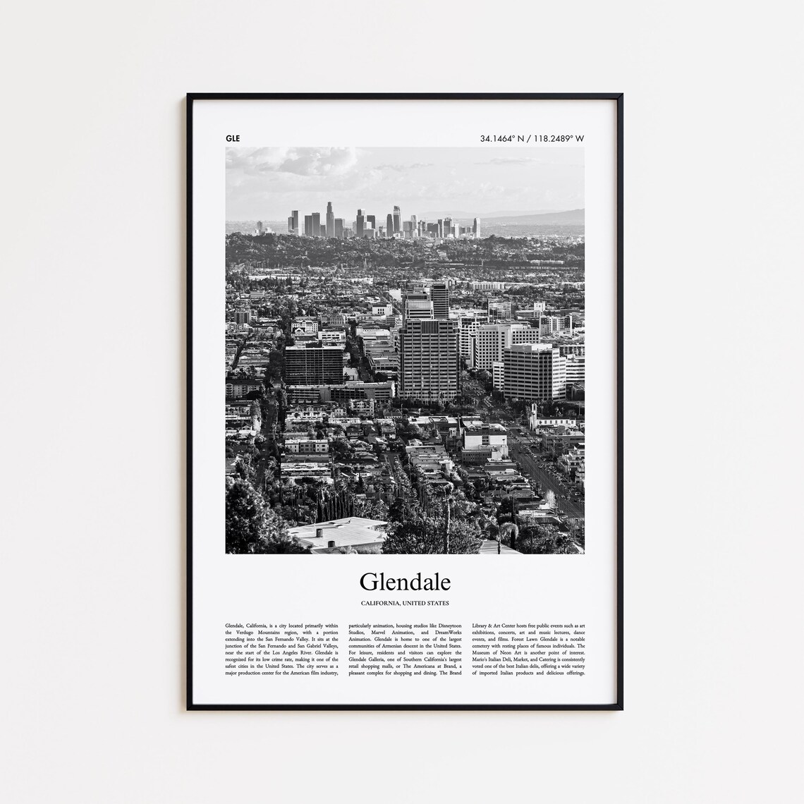 Glendale California Black and White Travel Poster City Skyline Photo