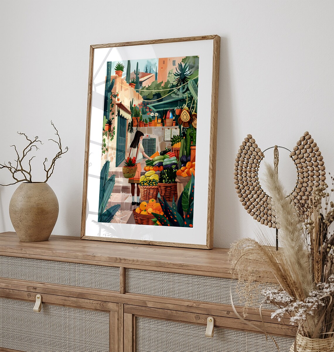 Mexican Market Girl Produce Baskets Sunny Adobe Street Art Poster - Image 3