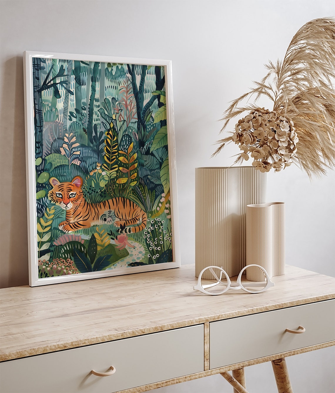 Tiger Resting in Lush Jungle Foliage Gouache Wildlife Poster - Image 3
