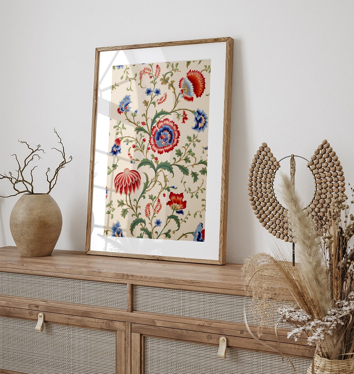 Mughal Floral Vine Pattern in Red Blue and Cream on Ivory Poster - Image 3