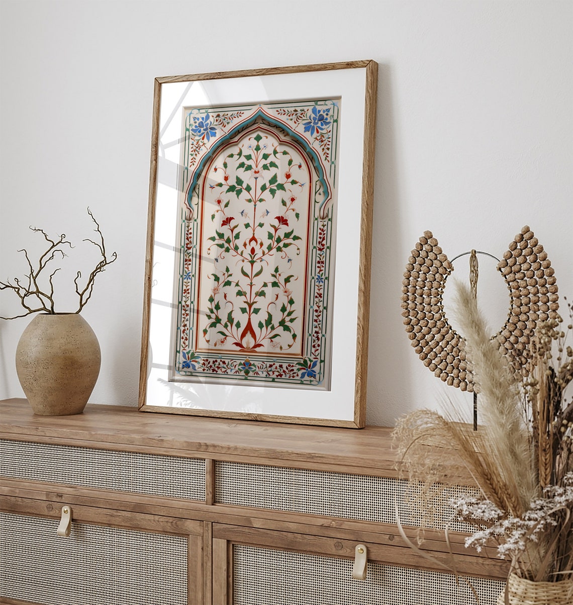 Cream Indian Inlay Arch Red Green Floral Vine Vintage Wall Art - Image 3