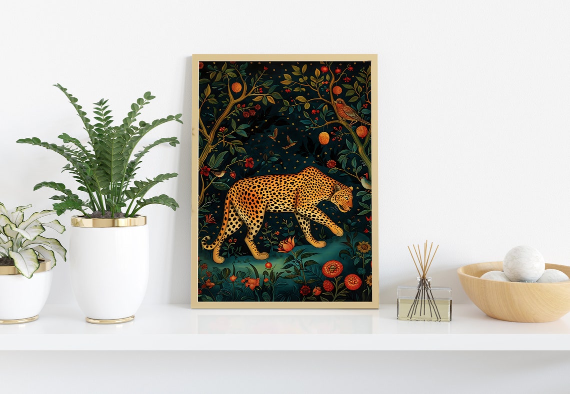 Leopard Prowling Through A Dark Floral Jungle Night Big Cat Wall Art - Image 2