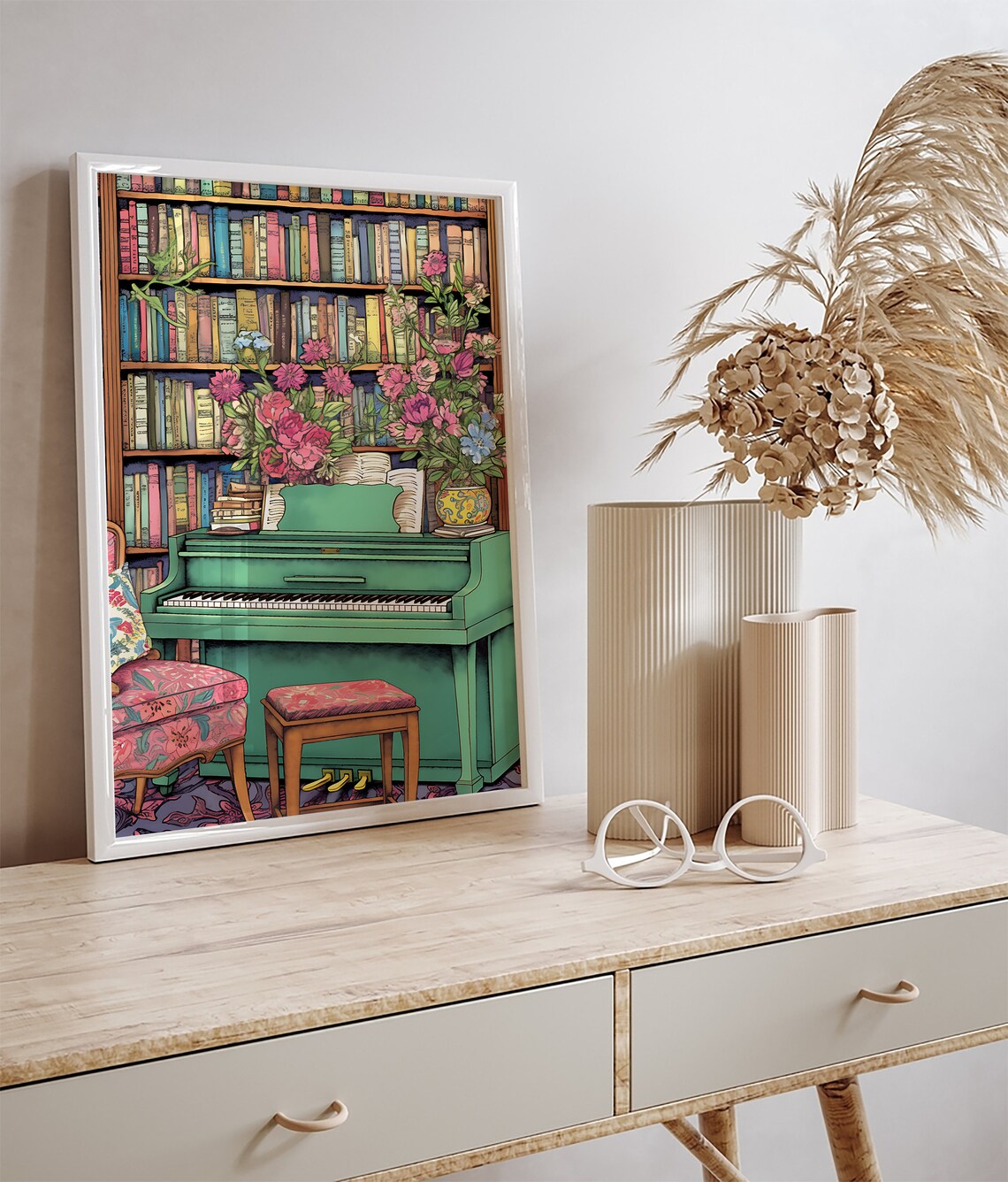 Vintage Green Piano Bookshelf Flowers Music Room Decor Poster - Image 3