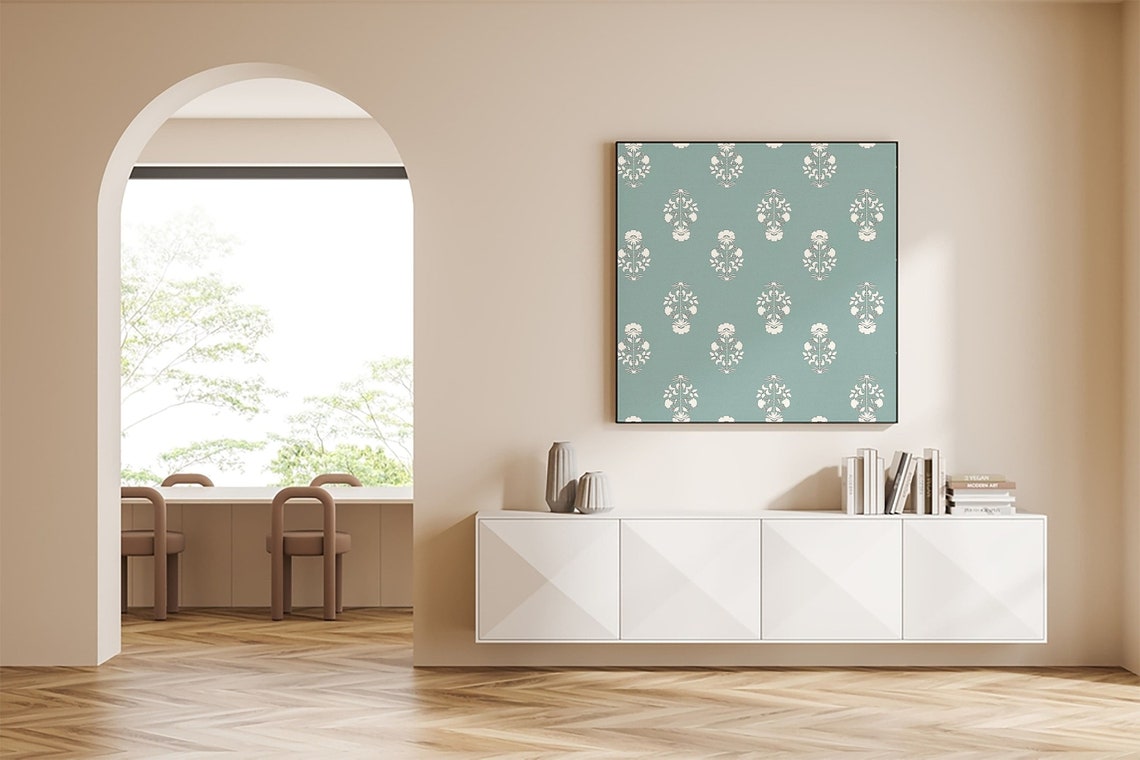 Sage Green and White Floral Block Motif Repeat Pattern Art Poster - Image 2