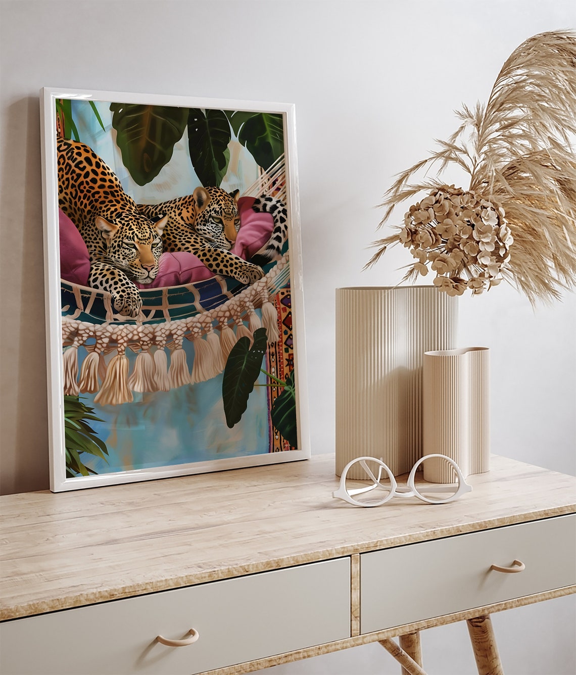 Two Leopards Resting Macrame Hammock Tassels Tropical Leaf Art Poster - Image 3