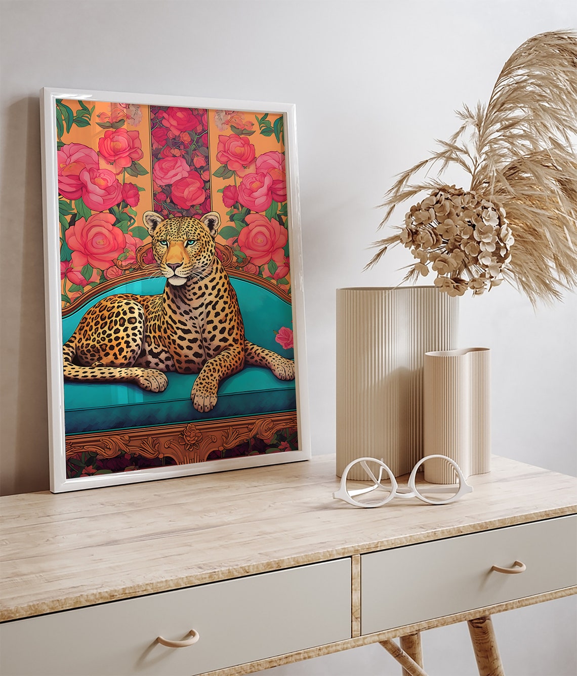 Leopard Lounging on a Teal Couch Maximalist Floral Cat Art Poster - Image 3