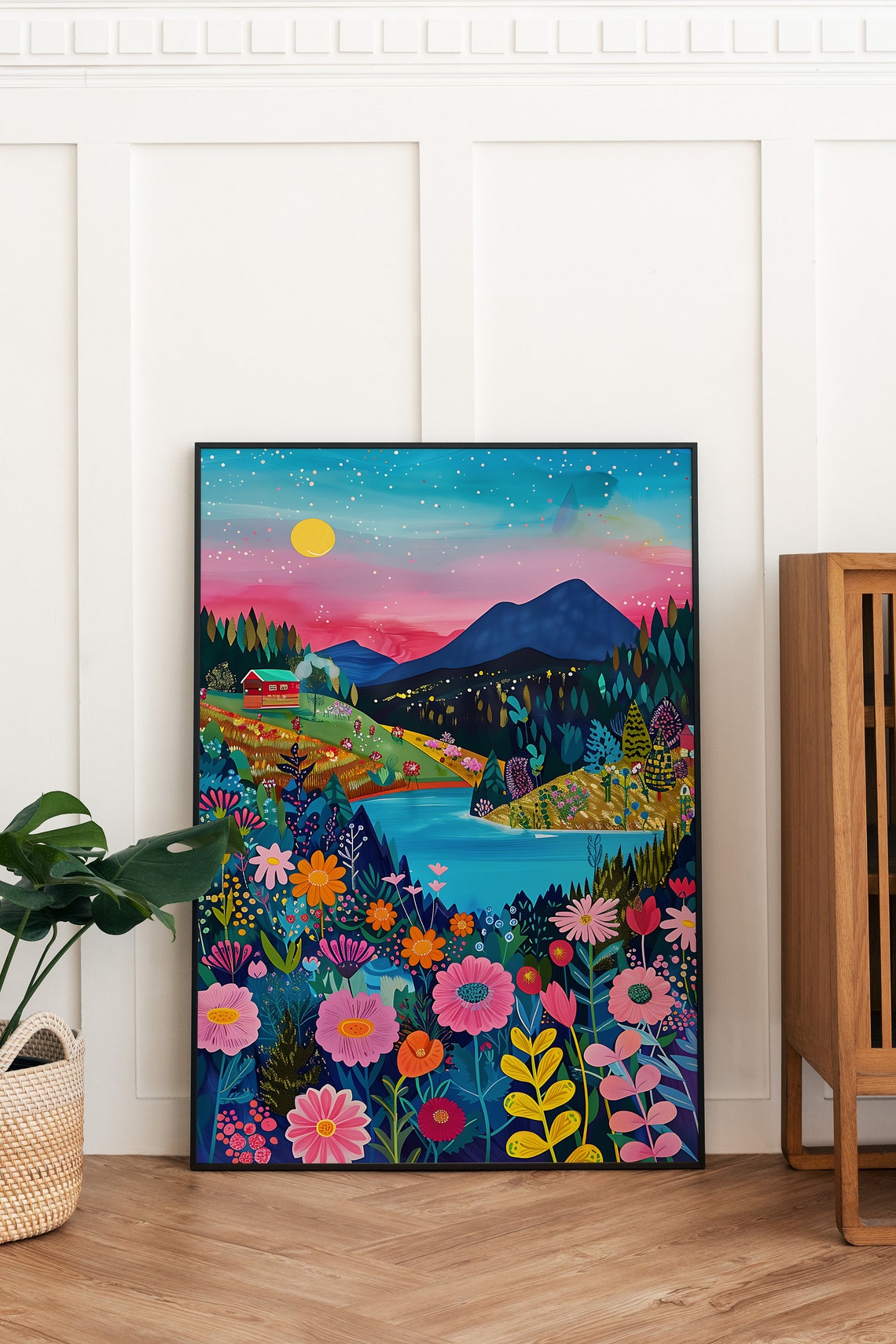 Pink Sunset Mountain Lake Meadow Colorful Floral Valley Art Poster - Image 3
