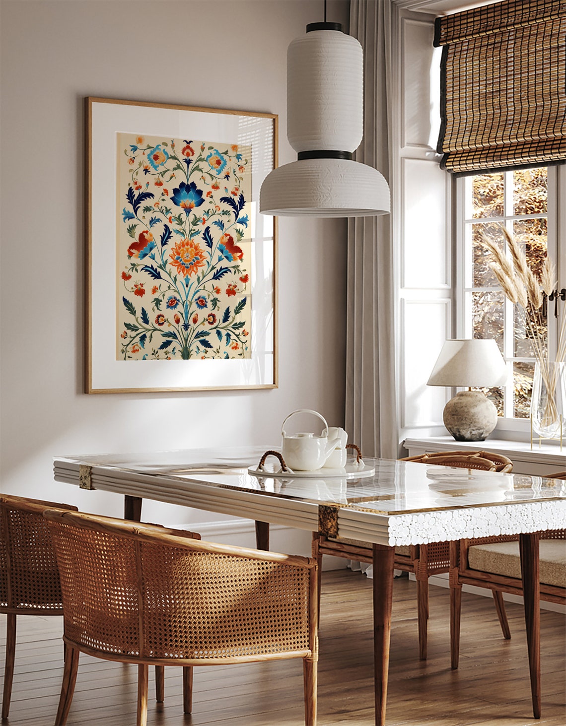 Mughal Orange Blue Floral Motif Palace Painting Style Poster - Image 2