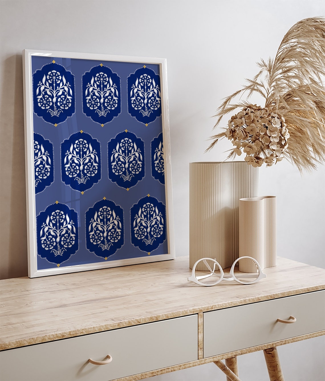 Blue and White Mughal Floral Medallion Repeat Pattern Art Poster - Image 3