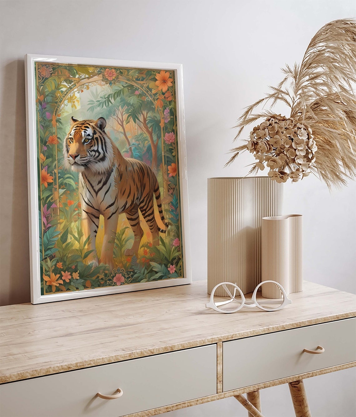 Bengal Tiger Standing Lush Floral Jungle Ornate Border Decor Poster - Image 3