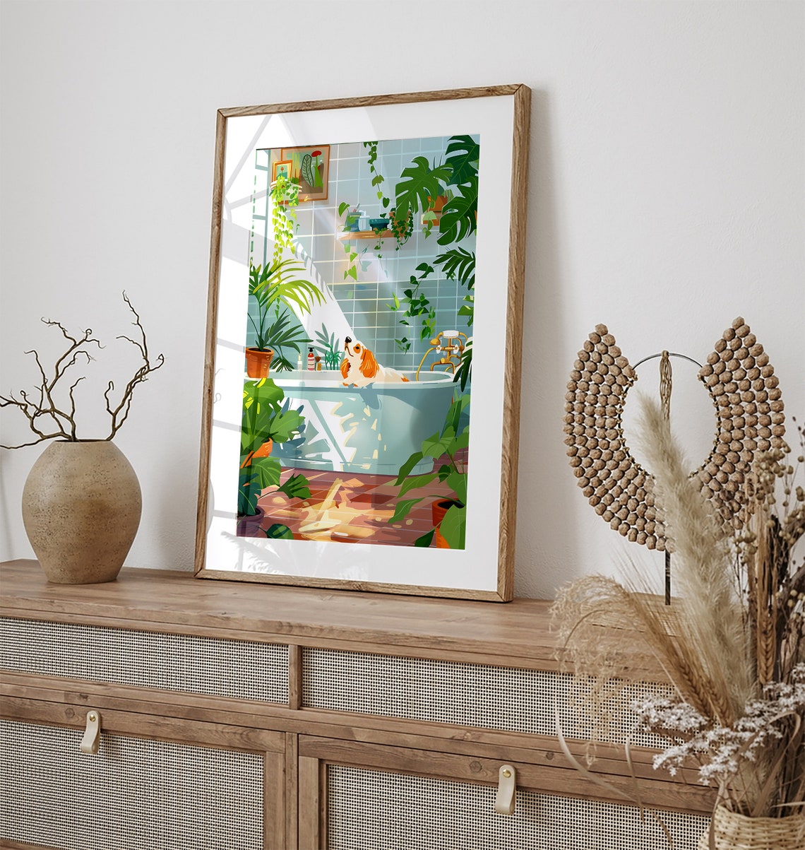 Cute Puppy in a Bathtub Among Houseplants Bathroom Humor Poster - Image 3