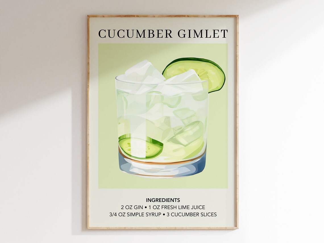 Cucumber Gimlet Art Print, Minimalist Retro Cocktail