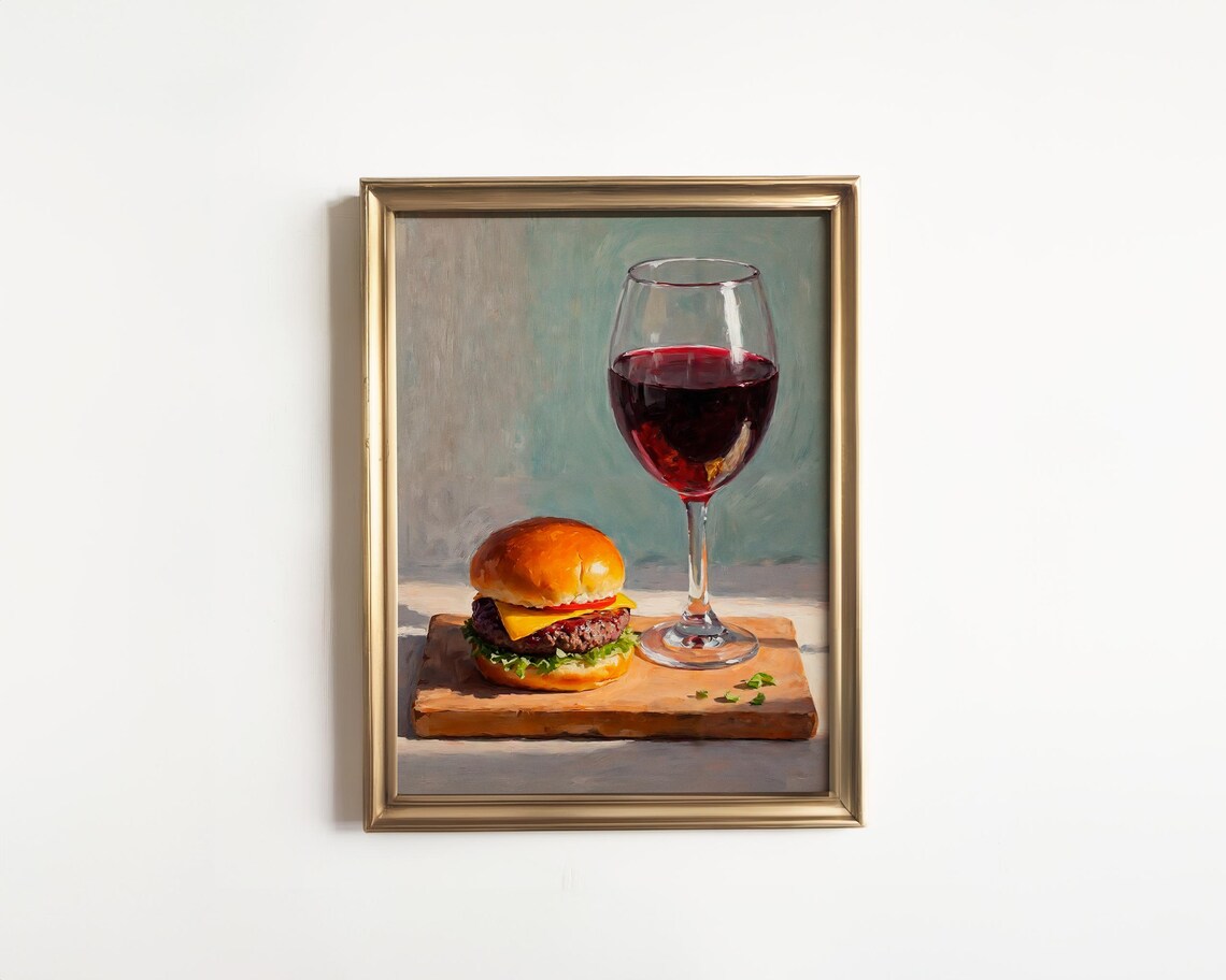 Red Wine And Cheeseburger Food Still Life Art Print